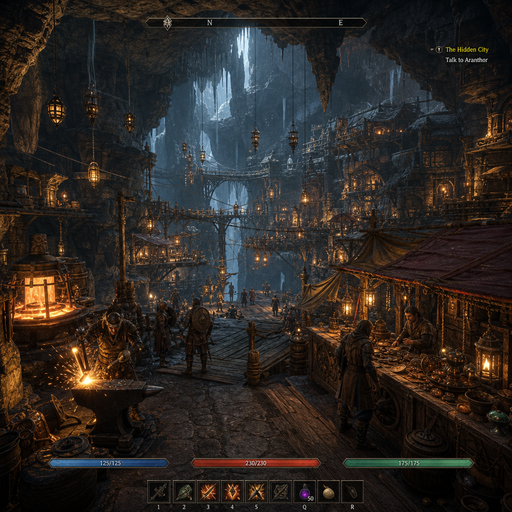 Placeholder concept art of an illuminated cavern city